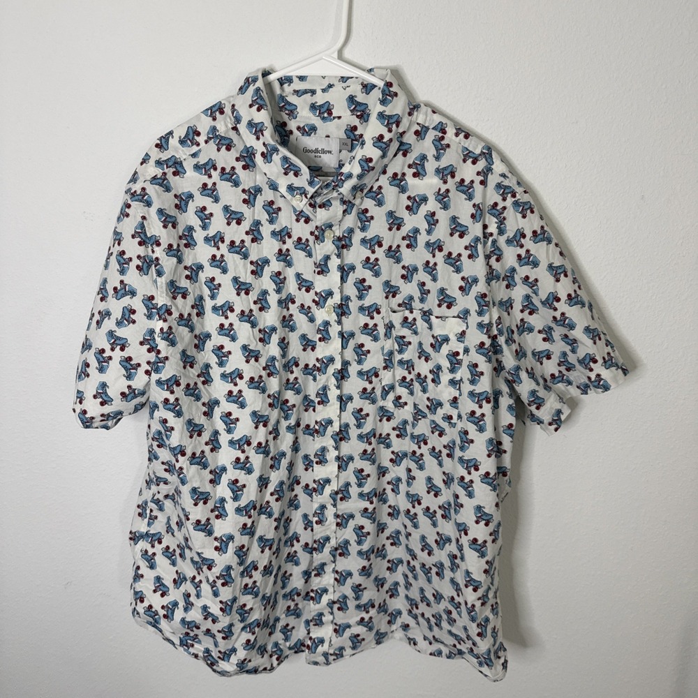 Goodfellow & Co White Blue Button Down Short Sleeve Roller Skate Shirt Size XXL